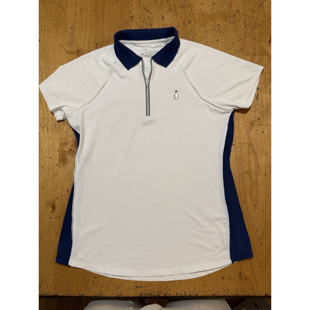 MacArthur• Peter Millar Women's Med Polo Shirt White Blue Zip UPF 50+ Golf Sport - Picture 2 of 10